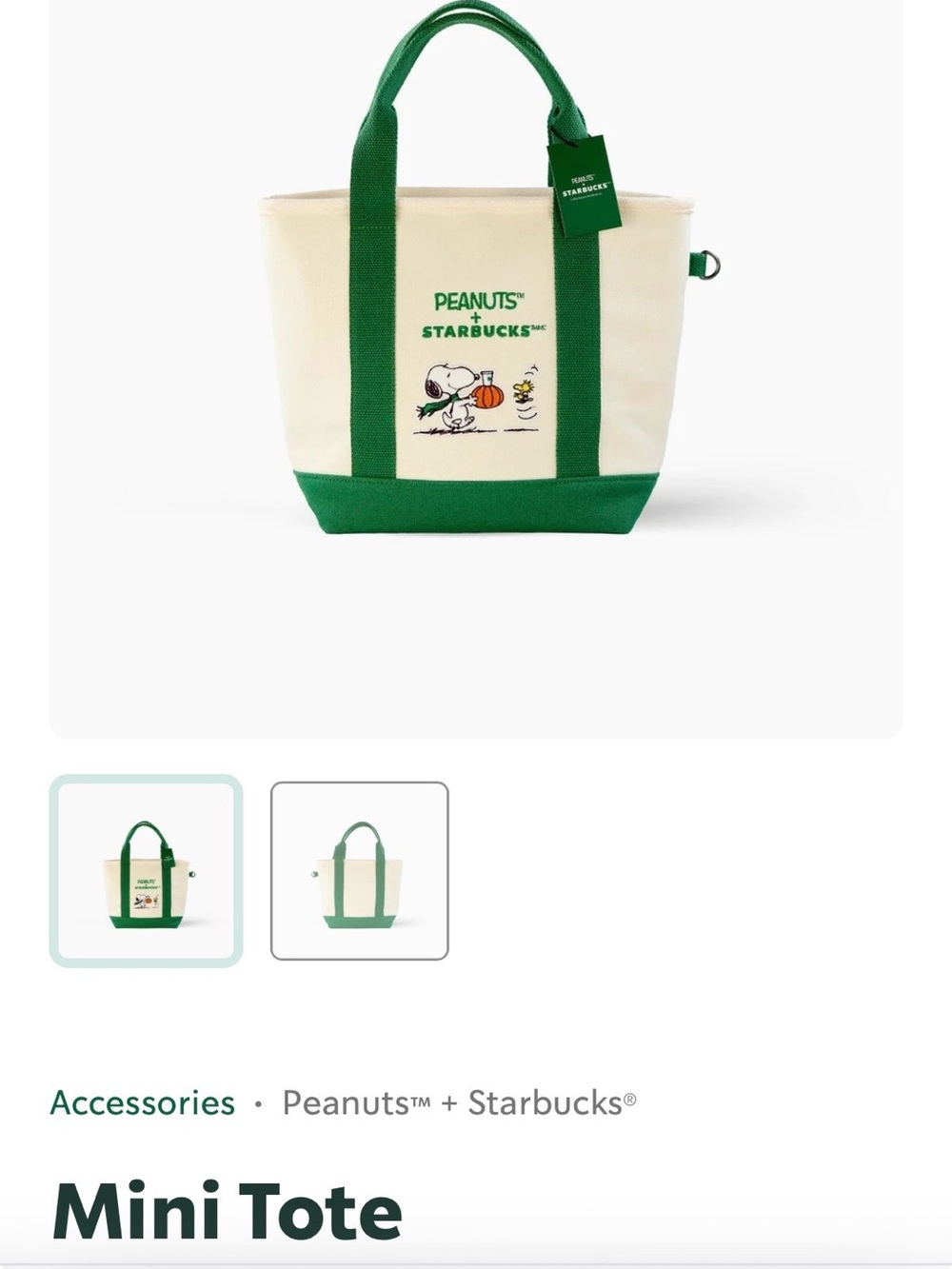 Peanuts x Starbucks Cream Canvas Mini Tote with Green Trim BRAND NEW IN HAND
